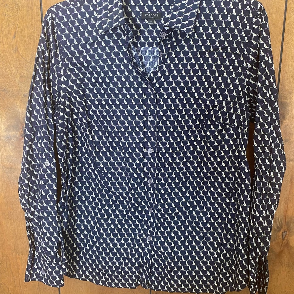 Talbots Navy Shirt with White Dog Print and Small Color Accents